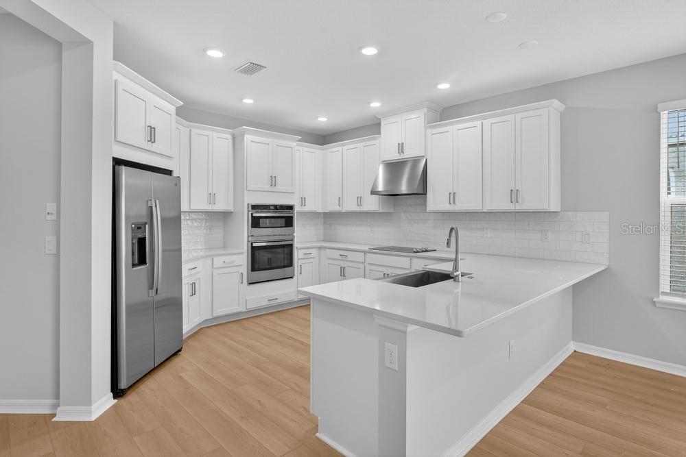 Anastasia gourmet kitchen with white cabinetry, large island, and stainless appliances